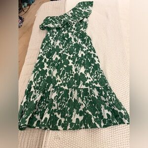 Mango One-Shoulder Green Floral Midi Dress